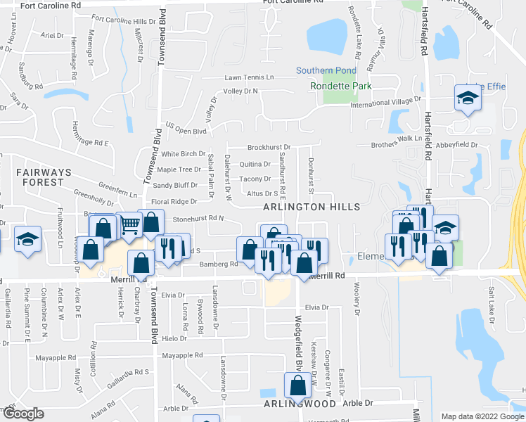 map of restaurants, bars, coffee shops, grocery stores, and more near 7612 Dalehurst Drive South in Jacksonville