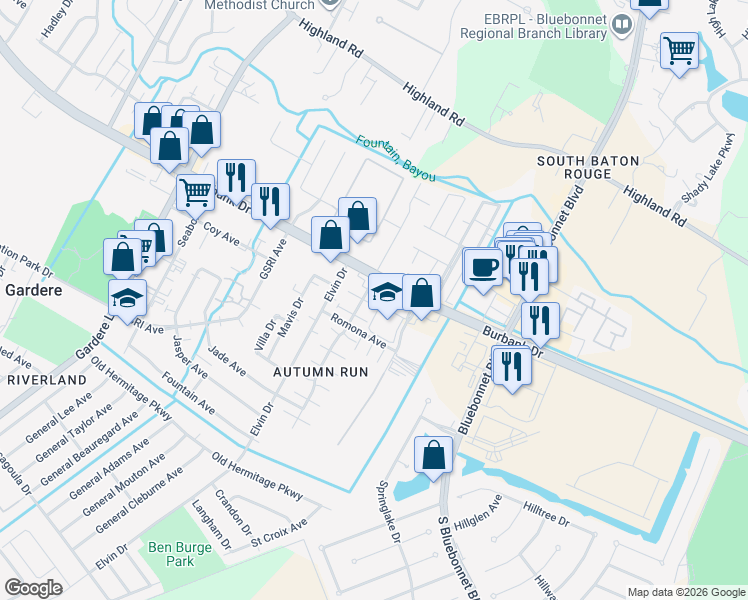 map of restaurants, bars, coffee shops, grocery stores, and more near 9474 Pecan Tree Drive in Baton Rouge