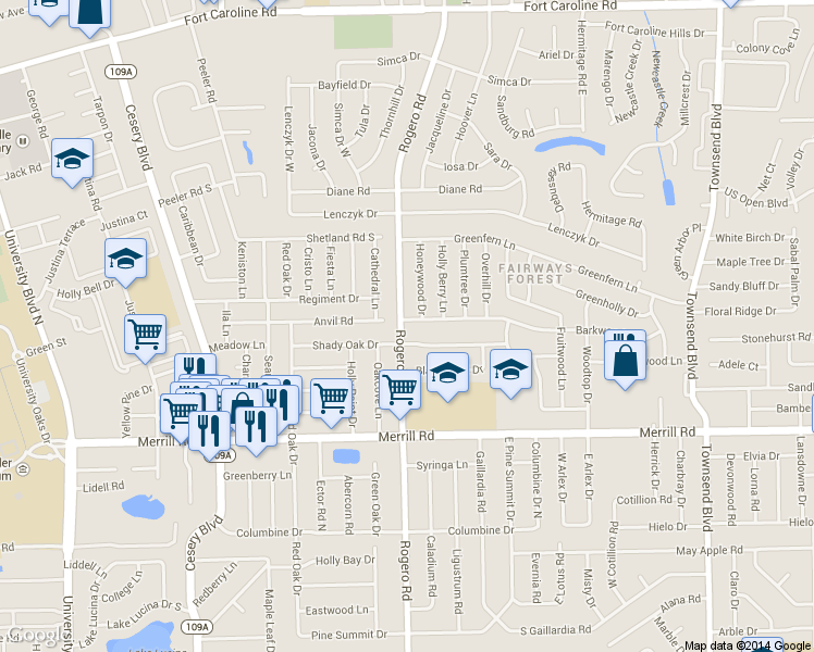 map of restaurants, bars, coffee shops, grocery stores, and more near 6504 Barkwood Dr in Jacksonville