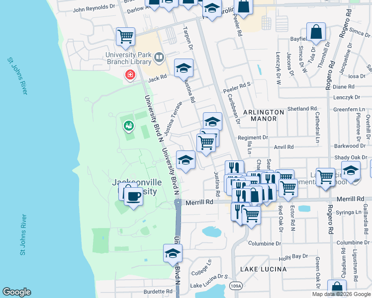 map of restaurants, bars, coffee shops, grocery stores, and more near 3131 University Boulevard North in Jacksonville