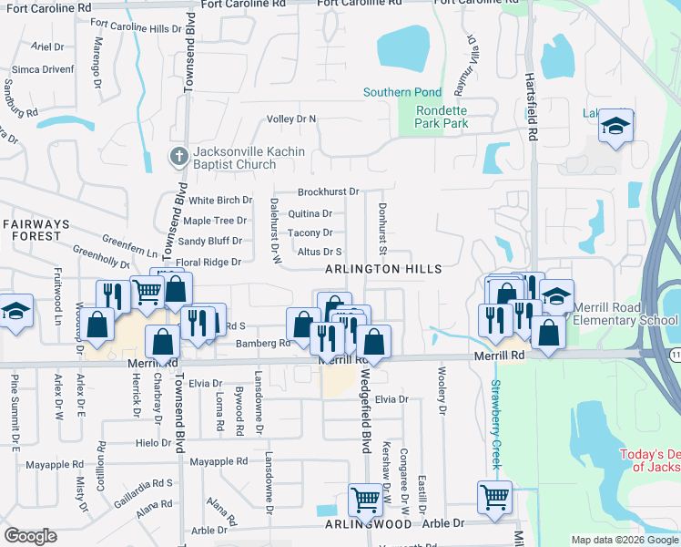map of restaurants, bars, coffee shops, grocery stores, and more near 7642 Dalehurst Drive West in Jacksonville