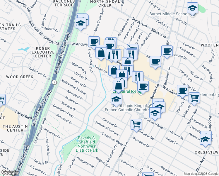 map of restaurants, bars, coffee shops, grocery stores, and more near 7744 Northcross Drive in Austin