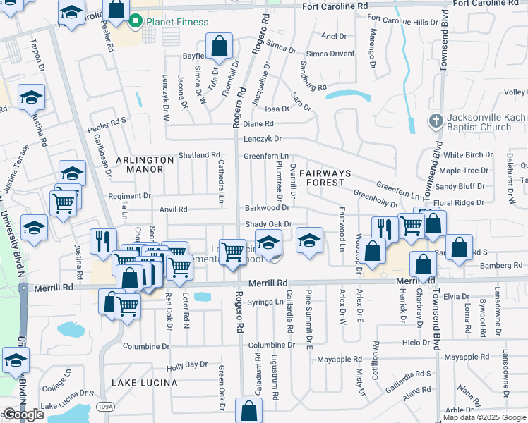 map of restaurants, bars, coffee shops, grocery stores, and more near 6546 Barkwood Drive in Jacksonville