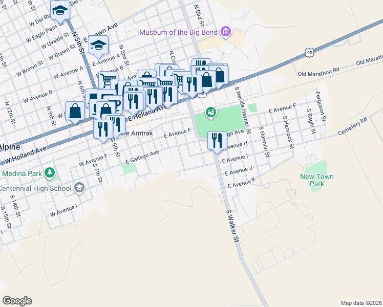 map of restaurants, bars, coffee shops, grocery stores, and more near 701 East Avenue H in Alpine