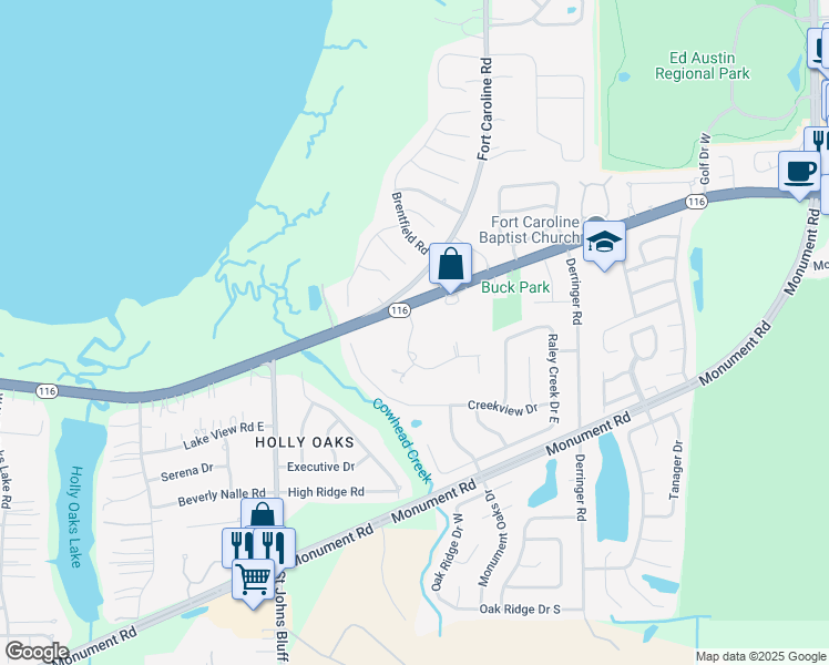 map of restaurants, bars, coffee shops, grocery stores, and more near 2048 Challeux Drive West in Jacksonville
