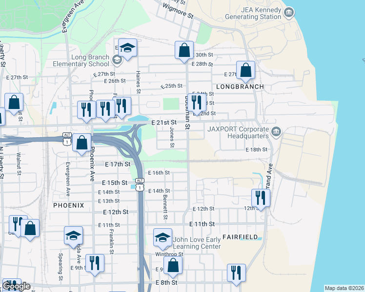 map of restaurants, bars, coffee shops, grocery stores, and more near 2808 Buckman Street in Jacksonville