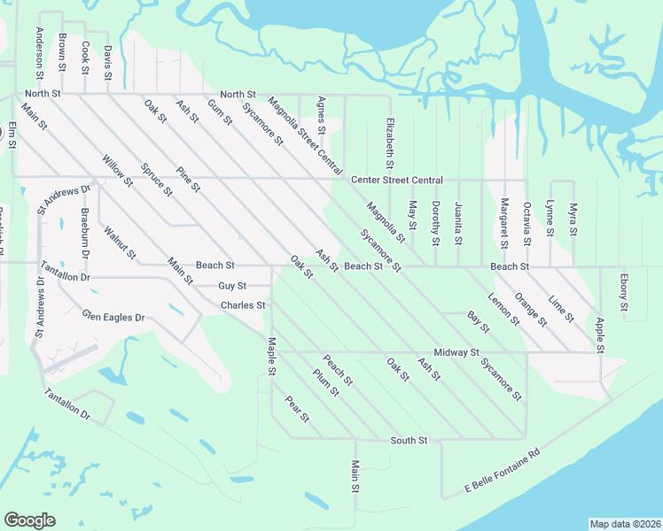 map of restaurants, bars, coffee shops, grocery stores, and more near Ash Street in Ocean Springs