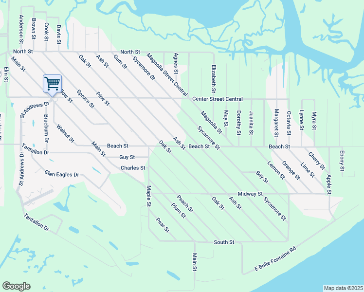 map of restaurants, bars, coffee shops, grocery stores, and more near Ash Street in Ocean Springs
