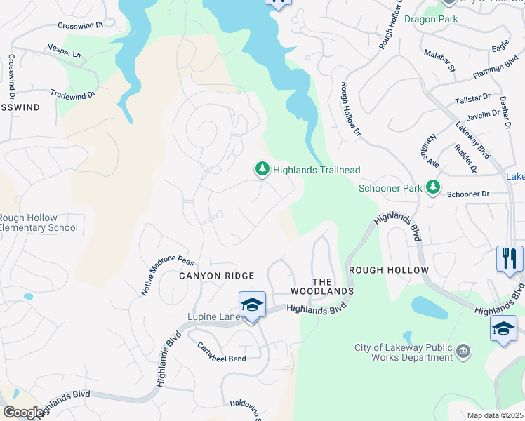 map of restaurants, bars, coffee shops, grocery stores, and more near 405 Tempranillo Way in Austin