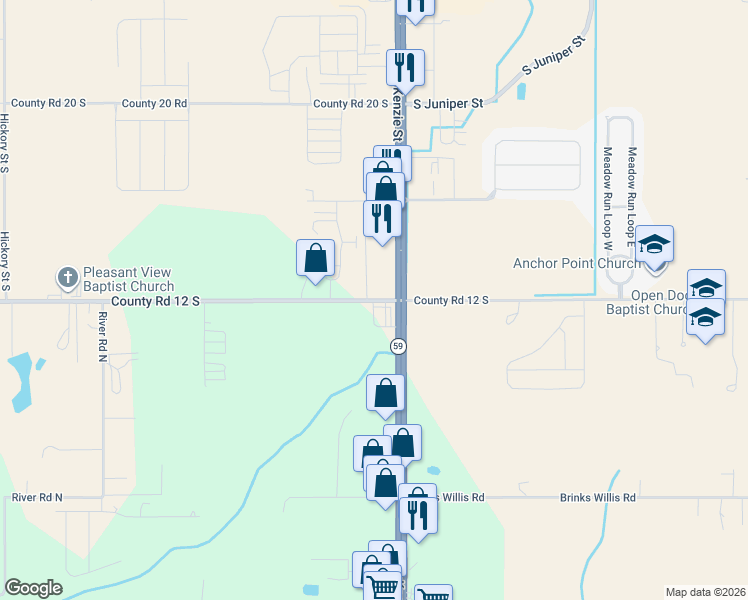 map of restaurants, bars, coffee shops, grocery stores, and more near 15710 County Road 12 in Foley