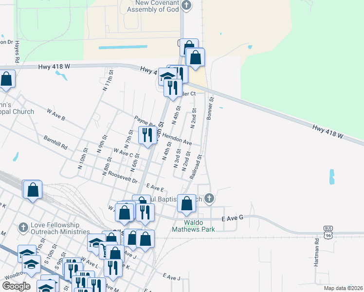 map of restaurants, bars, coffee shops, grocery stores, and more near 950 North 3rd Street in Silsbee