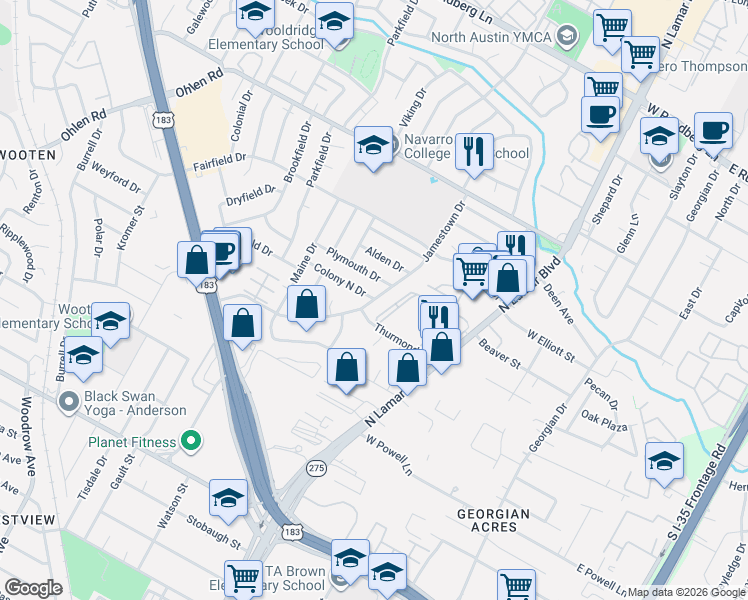 map of restaurants, bars, coffee shops, grocery stores, and more near Jamestown Drive in Austin