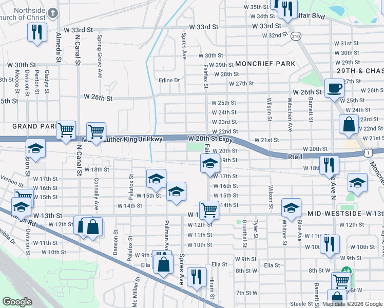 map of restaurants, bars, coffee shops, grocery stores, and more near 1819 West 19th Street in Jacksonville