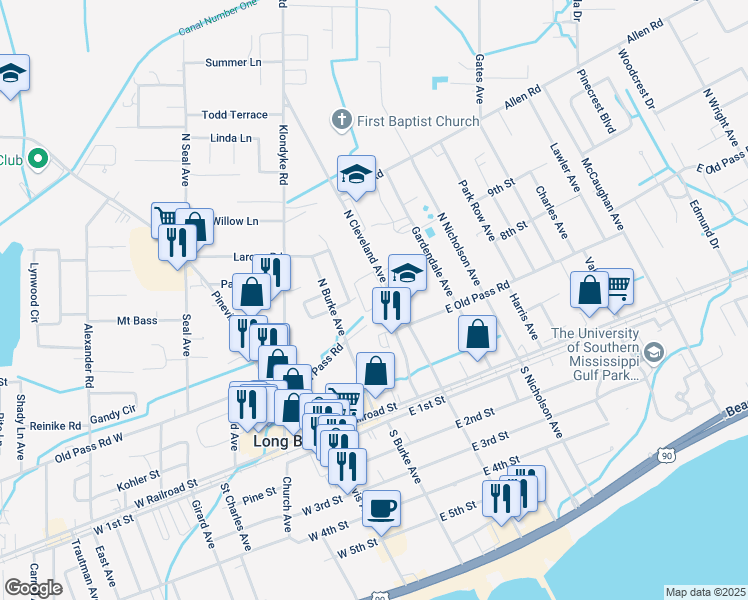 map of restaurants, bars, coffee shops, grocery stores, and more near 20 North Cleveland Avenue in Long Beach