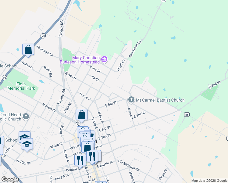 map of restaurants, bars, coffee shops, grocery stores, and more near 619 Q.S. Goins Lane in Elgin