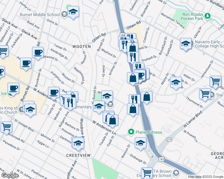 map of restaurants, bars, coffee shops, grocery stores, and more near 1409 Beckett Street in Austin