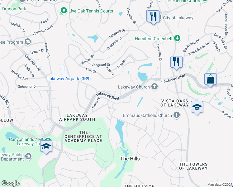 map of restaurants, bars, coffee shops, grocery stores, and more near 18 Champions Lane in Lakeway