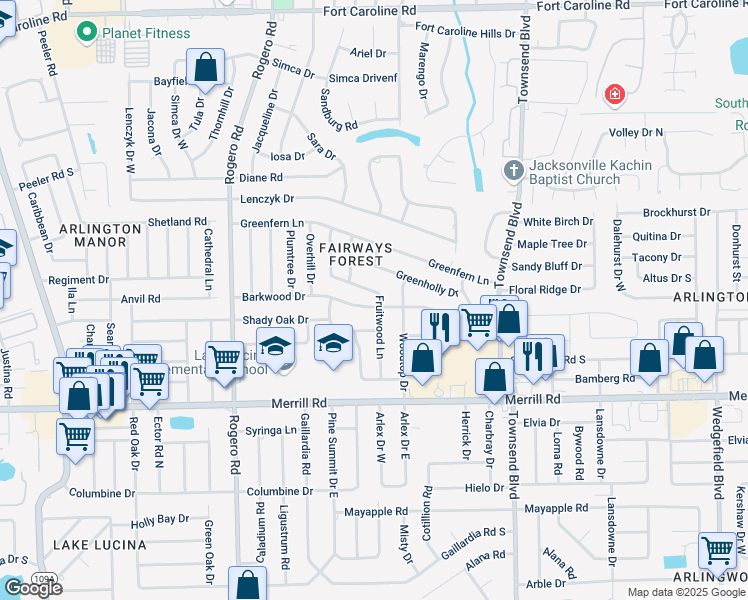 map of restaurants, bars, coffee shops, grocery stores, and more near 3108 Fruitwood Lane in Jacksonville
