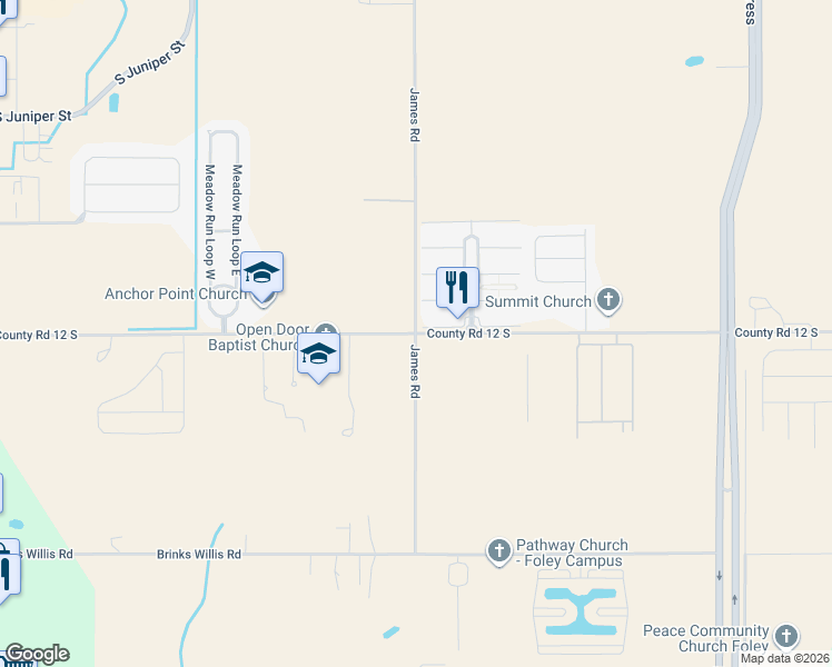 map of restaurants, bars, coffee shops, grocery stores, and more near 21000 County Road 12 South in Foley