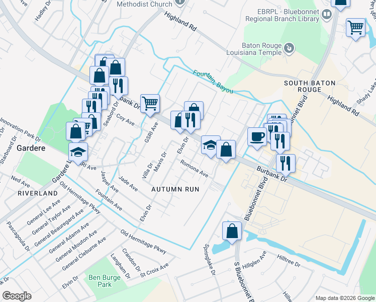 map of restaurants, bars, coffee shops, grocery stores, and more near 933 Elvin Drive in Baton Rouge