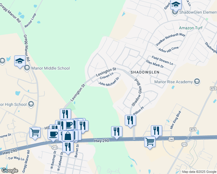 map of restaurants, bars, coffee shops, grocery stores, and more near 16912 John Michael Drive in Manor