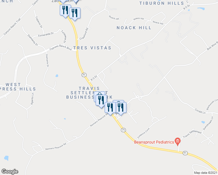 map of restaurants, bars, coffee shops, grocery stores, and more near 21300 Crestmont in Spicewood