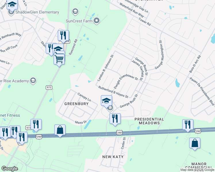 map of restaurants, bars, coffee shops, grocery stores, and more near 12308 Dwight Eisenhower Street in Manor