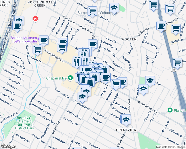 map of restaurants, bars, coffee shops, grocery stores, and more near 2209 West Anderson Lane in Austin