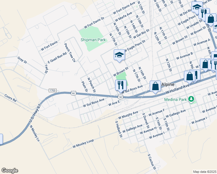 map of restaurants, bars, coffee shops, grocery stores, and more near 401-599 North Orange Street in Alpine