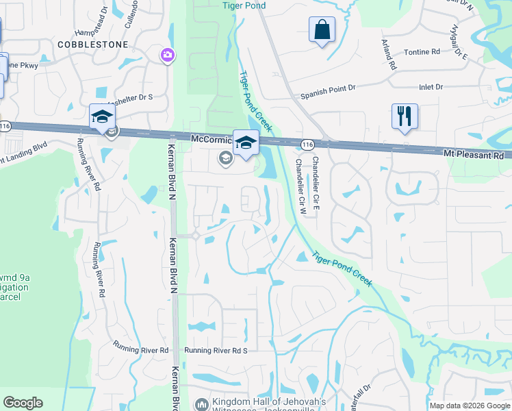 map of restaurants, bars, coffee shops, grocery stores, and more near 1702 Forest Lake Circle East in Jacksonville