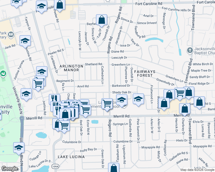 map of restaurants, bars, coffee shops, grocery stores, and more near 6504 Barkwood Drive in Jacksonville