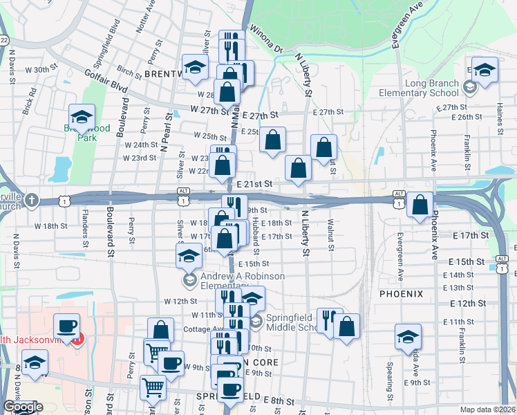 map of restaurants, bars, coffee shops, grocery stores, and more near 2824 Hubbard Street in Jacksonville