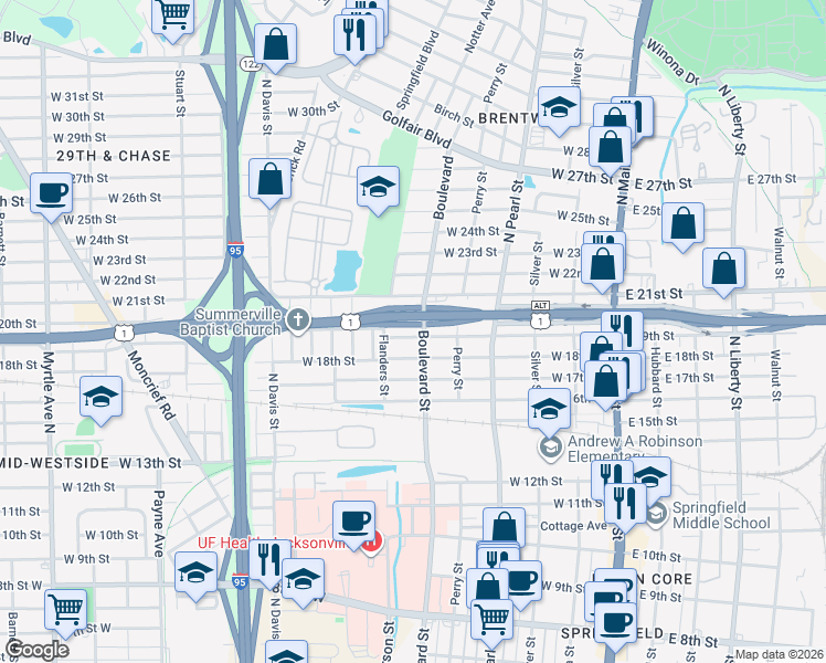 map of restaurants, bars, coffee shops, grocery stores, and more near 2820 Boulevard Street in Jacksonville