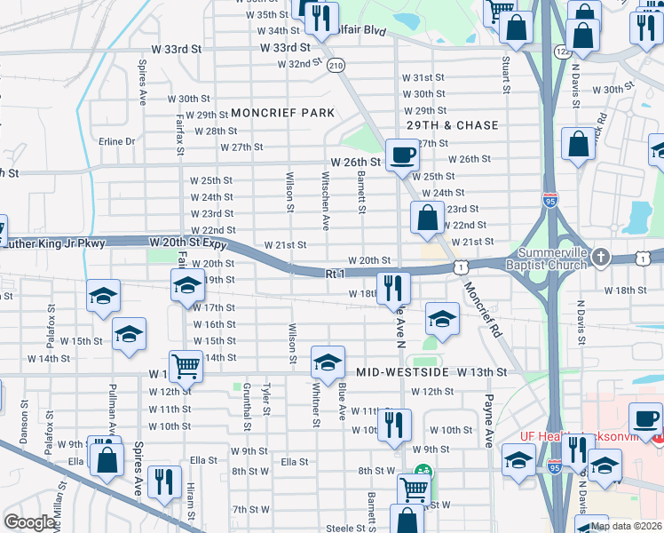map of restaurants, bars, coffee shops, grocery stores, and more near 1474 West 19th Street in Jacksonville