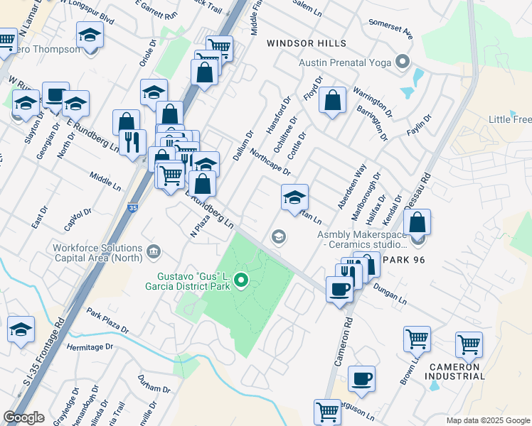 map of restaurants, bars, coffee shops, grocery stores, and more near 1110 Village Green Drive in Austin
