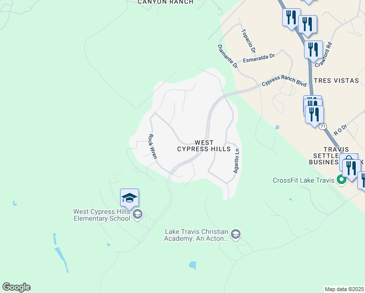 map of restaurants, bars, coffee shops, grocery stores, and more near 5425 Texas Bluebell Drive in Spicewood