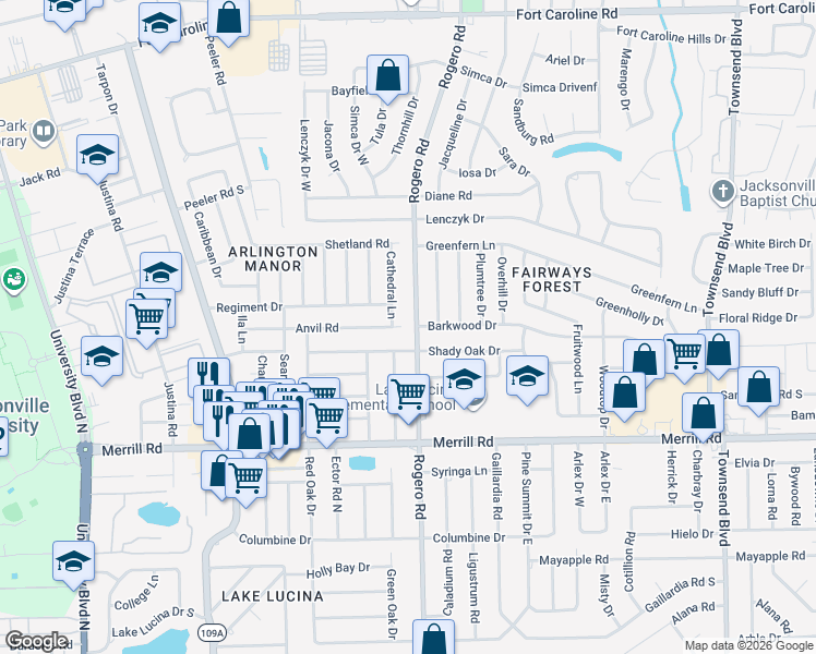 map of restaurants, bars, coffee shops, grocery stores, and more near 6504 Barkwood Drive in Jacksonville