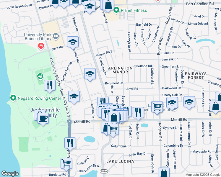 map of restaurants, bars, coffee shops, grocery stores, and more near 3028 Ila Lane in Jacksonville