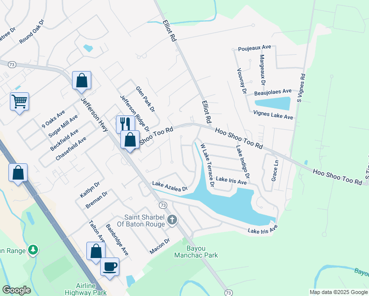 map of restaurants, bars, coffee shops, grocery stores, and more near 18315 Lake Myrtle Drive in Baton Rouge