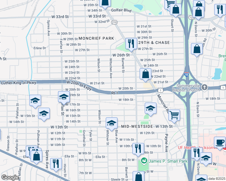 map of restaurants, bars, coffee shops, grocery stores, and more near 1474 West 19th Street in Jacksonville