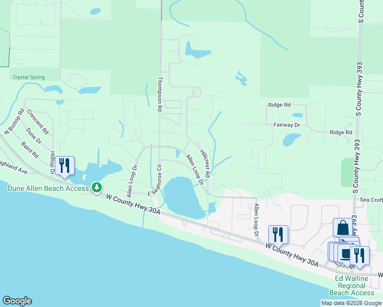 map of restaurants, bars, coffee shops, grocery stores, and more near 112 Oyster Lake Drive in Santa Rosa Beach