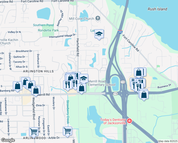 map of restaurants, bars, coffee shops, grocery stores, and more near 8230 Dames Point Crossing Boulevard in Jacksonville