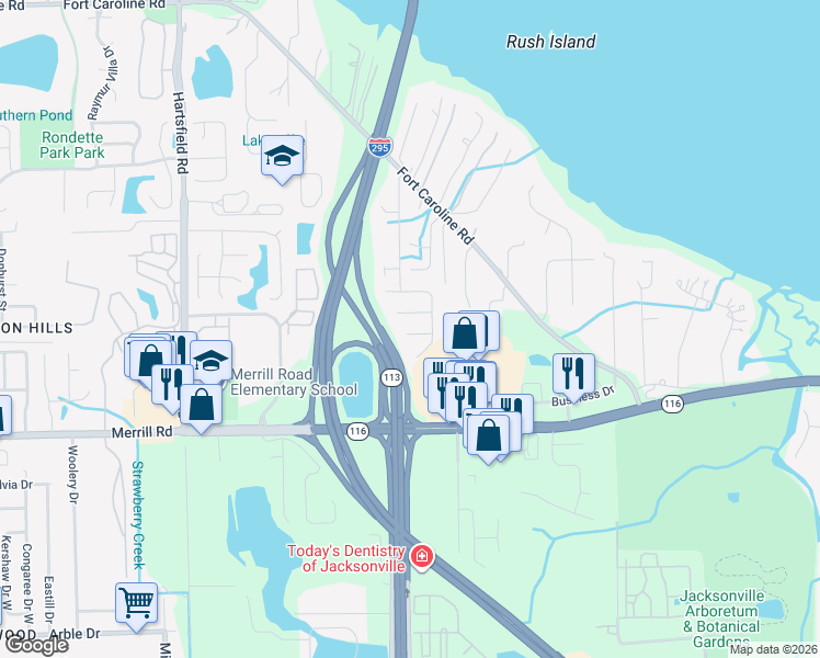map of restaurants, bars, coffee shops, grocery stores, and more near 9147 Upstream Court in Jacksonville