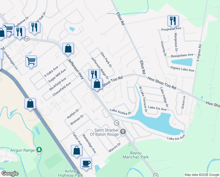 map of restaurants, bars, coffee shops, grocery stores, and more near 18310 Doc Olena Drive in Baton Rouge