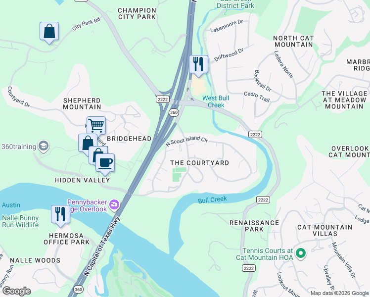 map of restaurants, bars, coffee shops, grocery stores, and more near 5804 Back Court in Austin