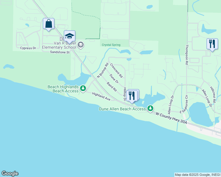 map of restaurants, bars, coffee shops, grocery stores, and more near 32 Baird Road in Santa Rosa Beach