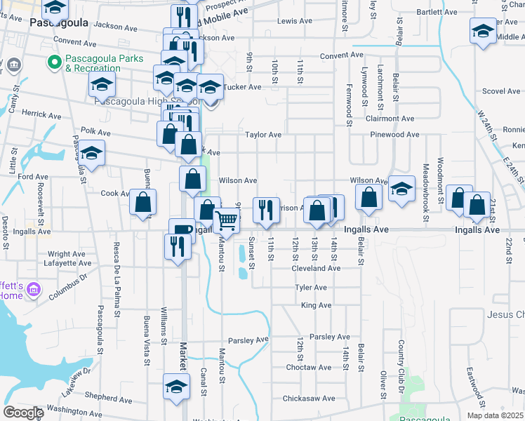 map of restaurants, bars, coffee shops, grocery stores, and more near 1912 10th Street in Pascagoula