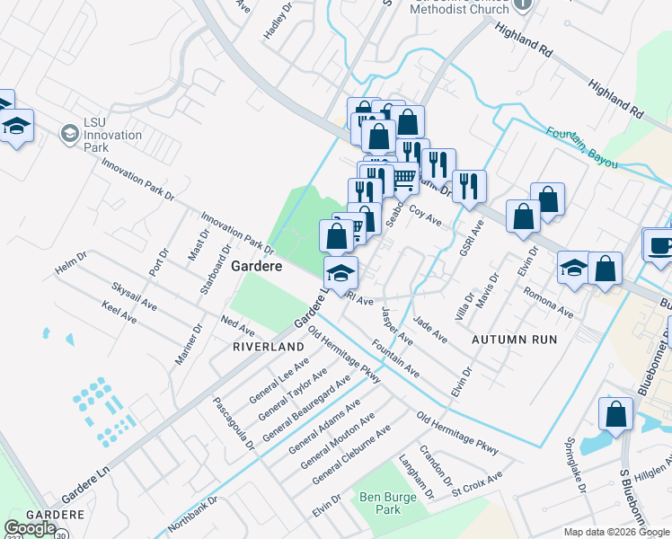 map of restaurants, bars, coffee shops, grocery stores, and more near 1557 Gardere Lane in Baton Rouge
