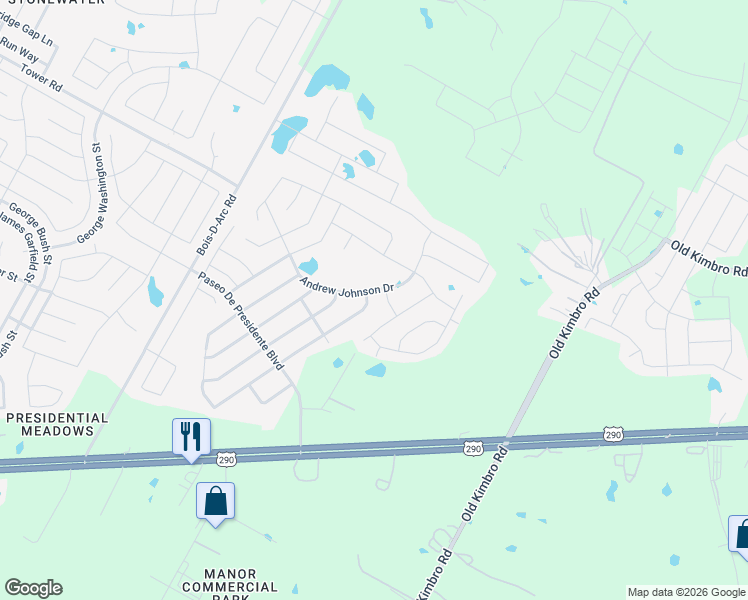 map of restaurants, bars, coffee shops, grocery stores, and more near 19909 W.T. Gallaway Street in Manor