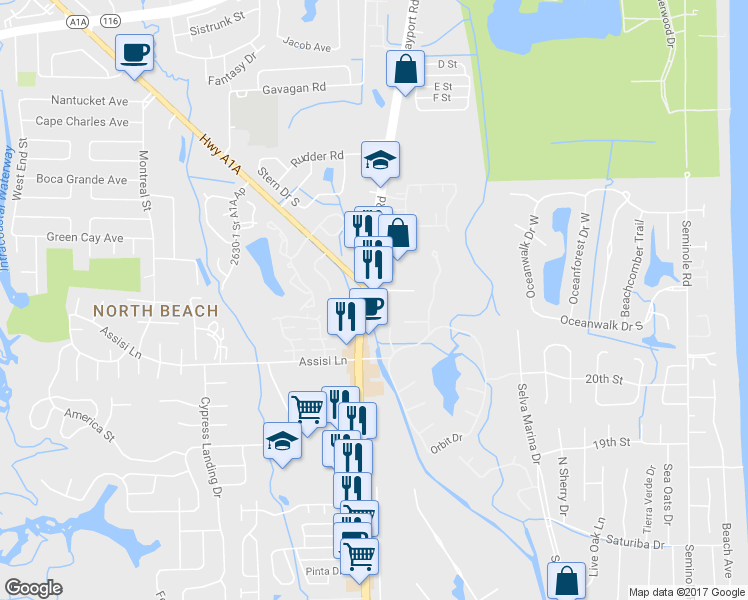 map of restaurants, bars, coffee shops, grocery stores, and more near 2501 Mayport Rd in Jacksonville